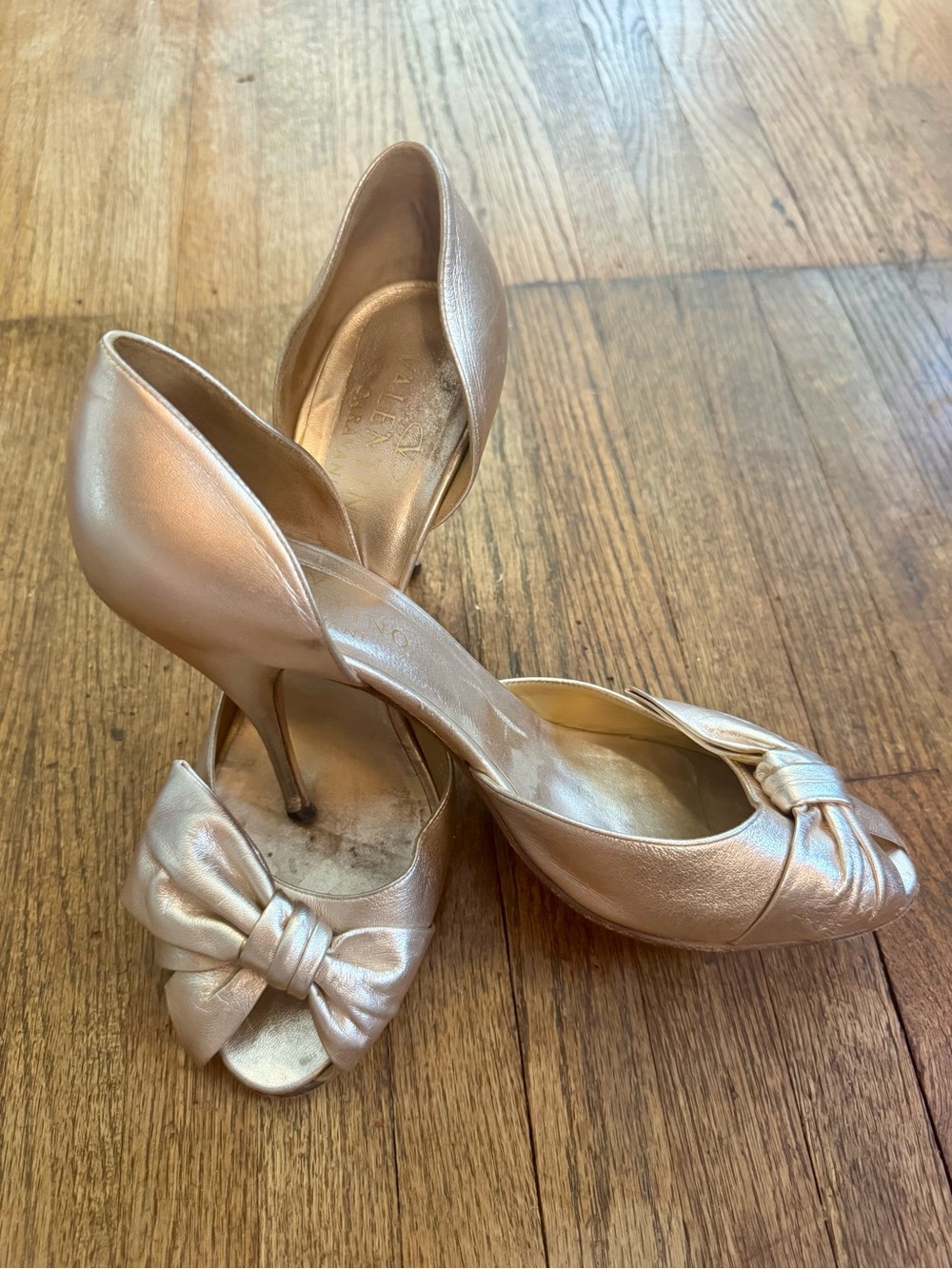 Valentino Garavani Metallic Rose Gold Bow Peep-Toe Heels